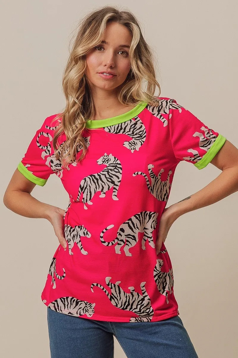 BiBi Big Tiger Print Jersey Contrast Ringer Top