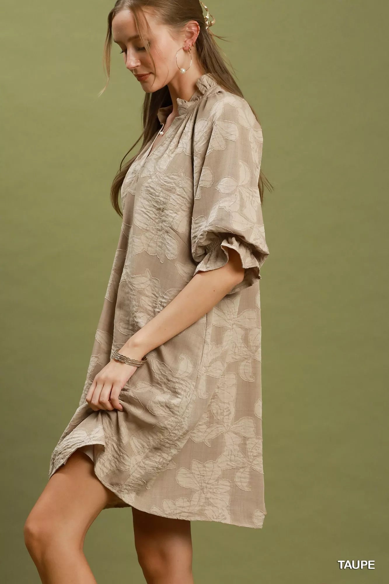 Umgee Floral Textured Jacqaurd V-Neck Dress