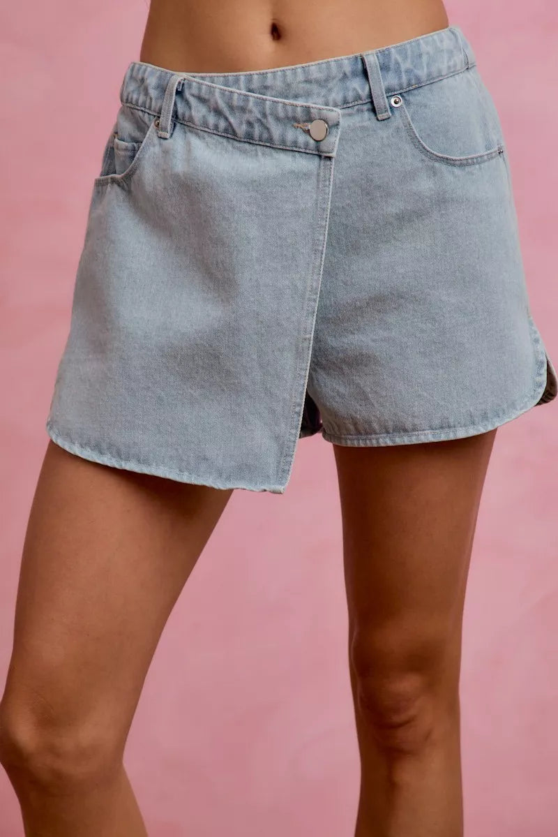 SO ME Washed Denim Wrap Skorts