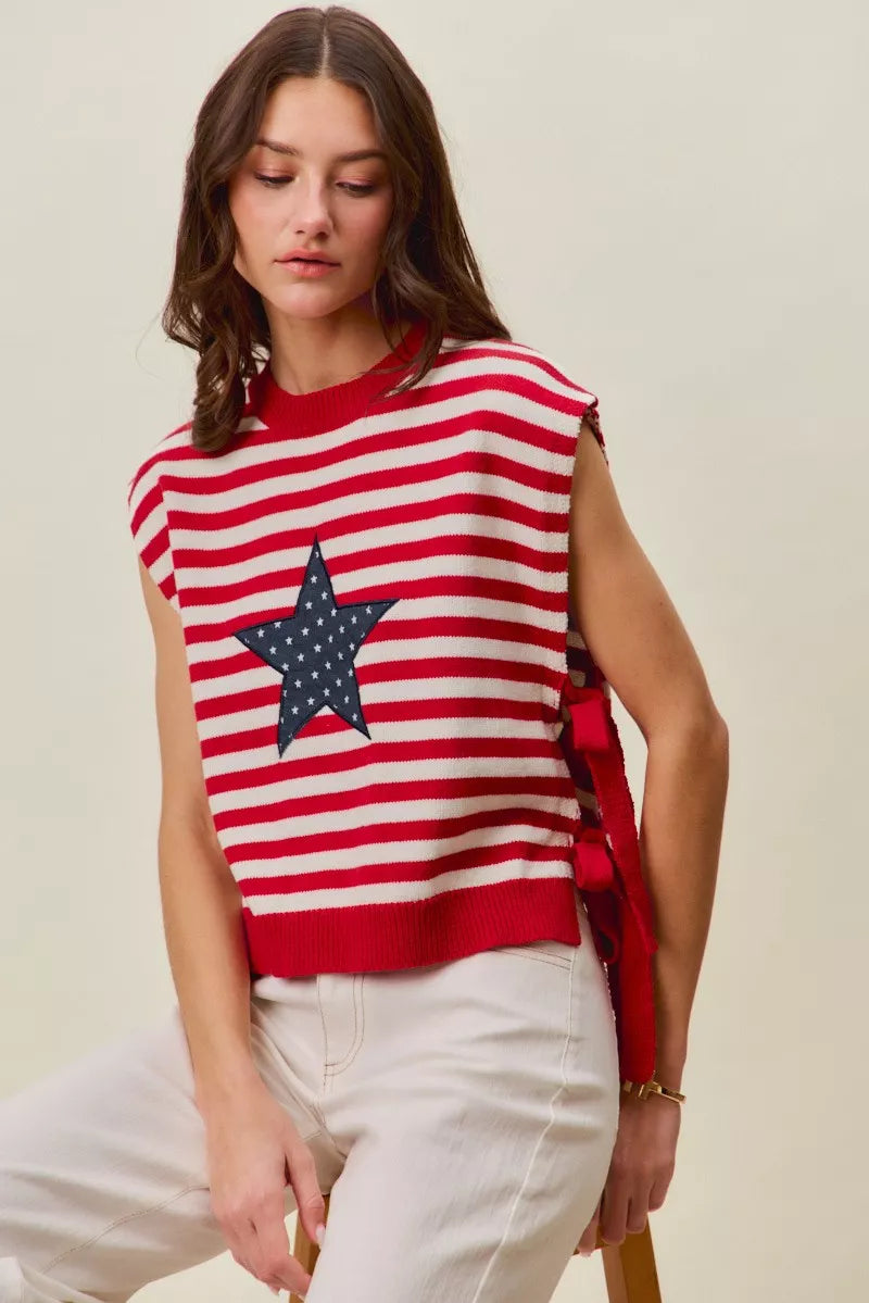 SO ME Stripe Star Patch 4th Of July Side Tie Vest Top