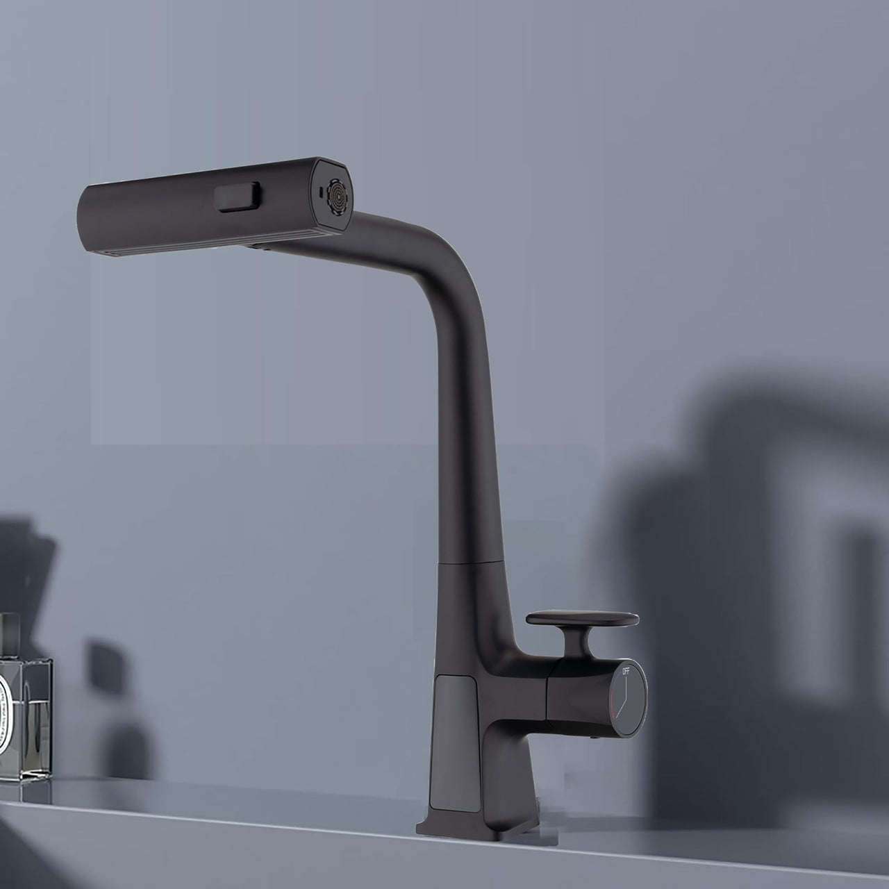Modern Matte Black Waterfall Kitchen Faucet with Temperature Display and Pull Down Sprayer, Zinc Construction, 15.75-Inch Height
