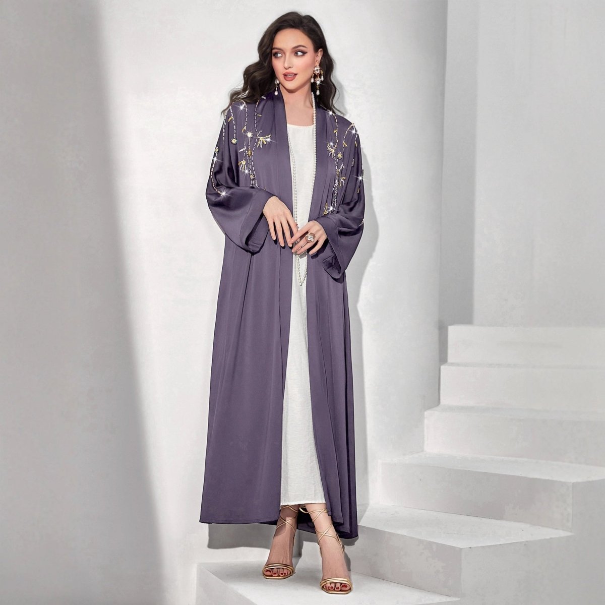 Beaded Floral Vine Abaya | Open-Front Embellished Cardigan (MOA268)
