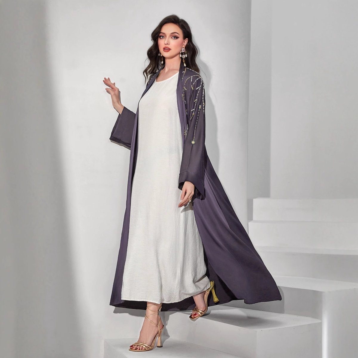 Beaded Floral Vine Abaya | Open-Front Embellished Cardigan (MOA268)