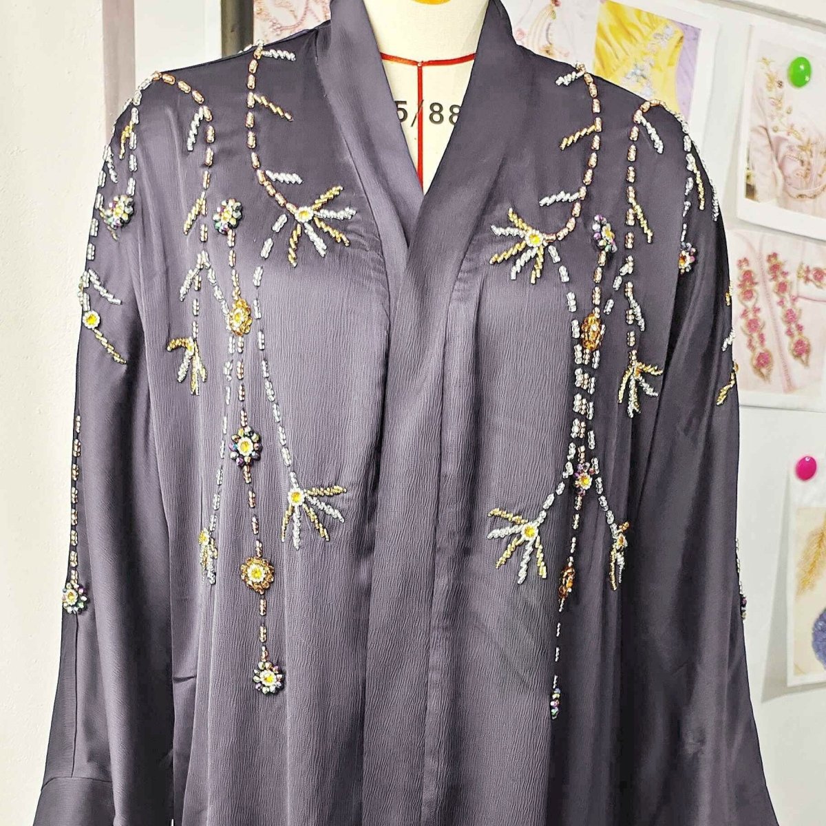 Beaded Floral Vine Abaya | Open-Front Embellished Cardigan (MOA268)