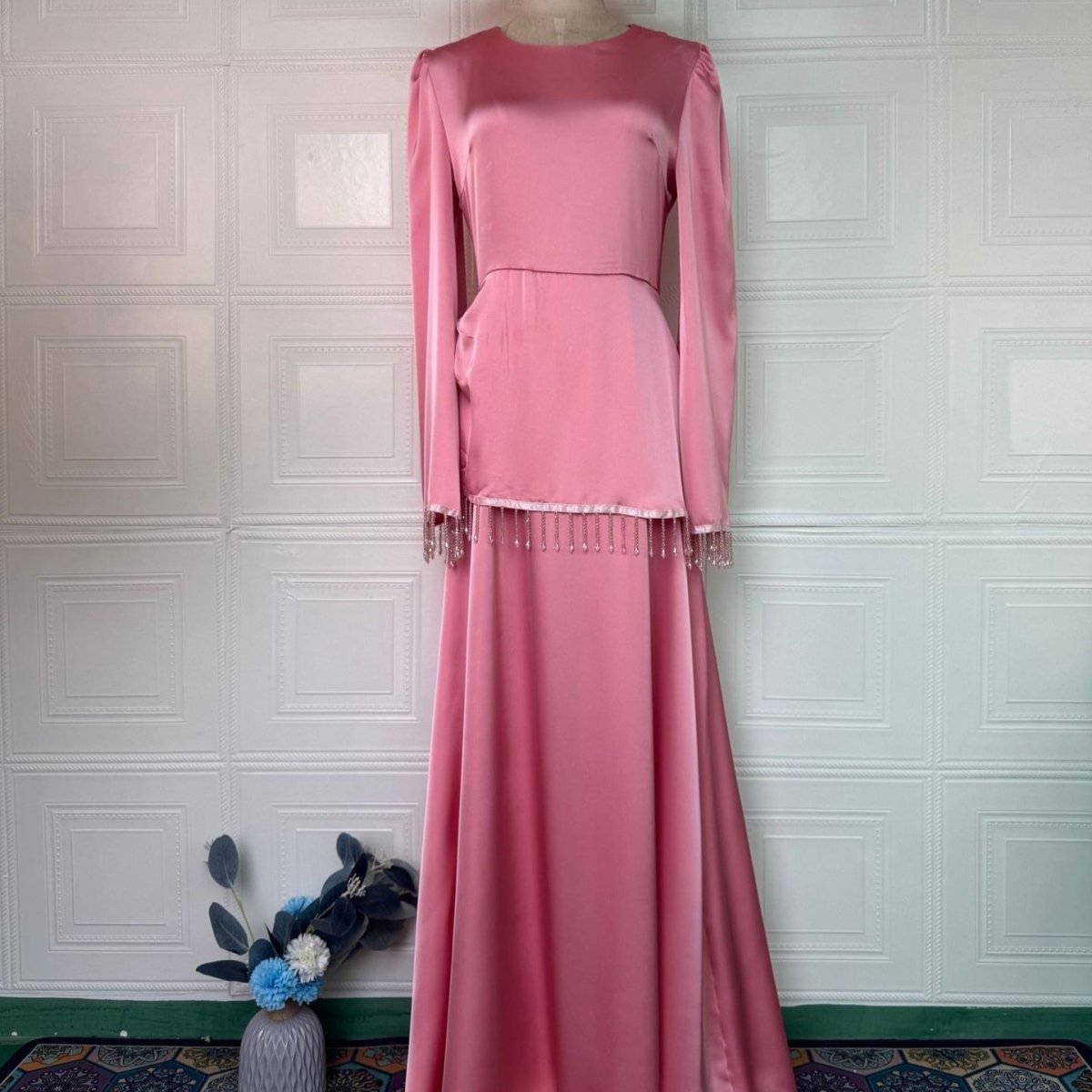 Beaded Fringe Cuff Maxi Dress(MS480)