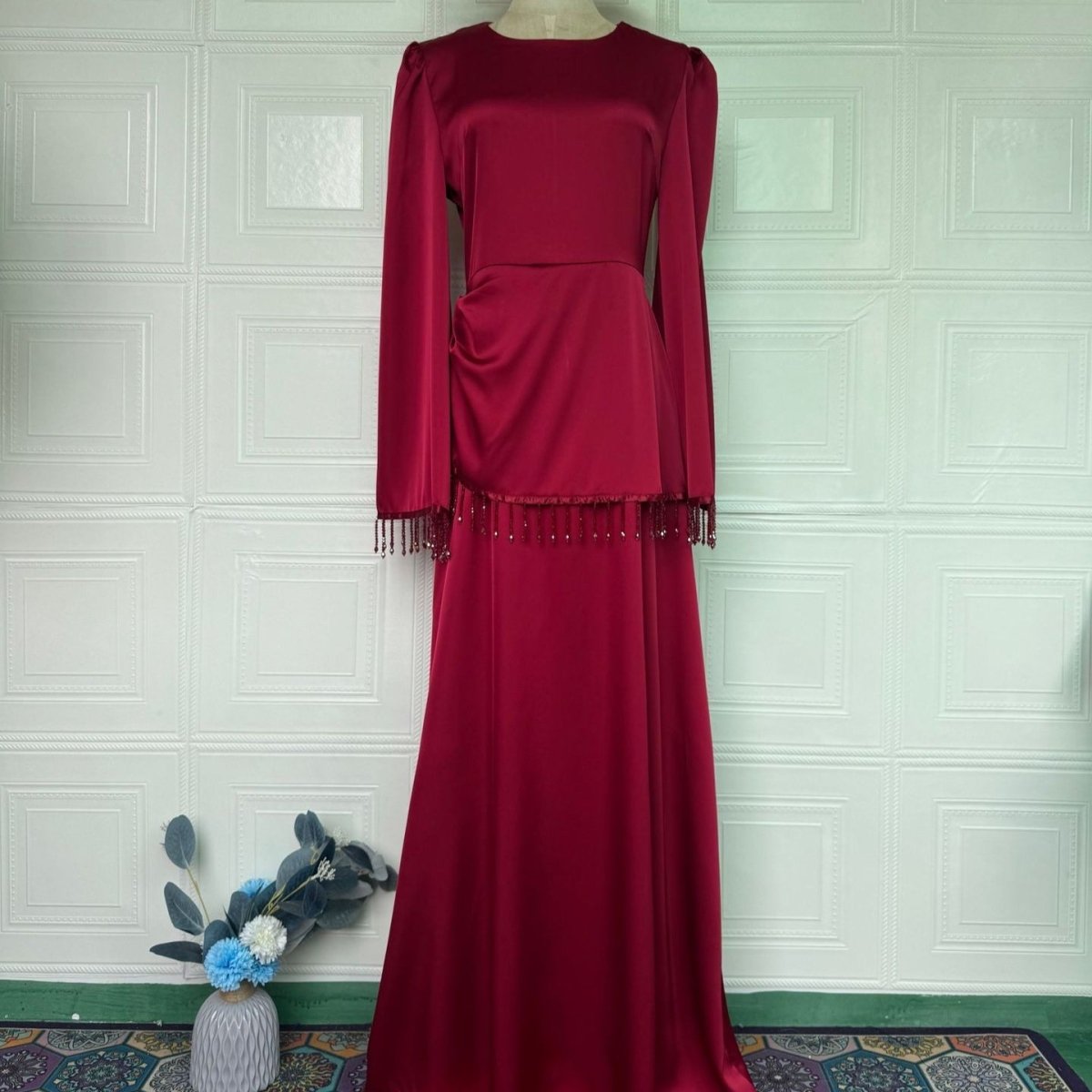 Beaded Fringe Cuff Maxi Dress(MS480)