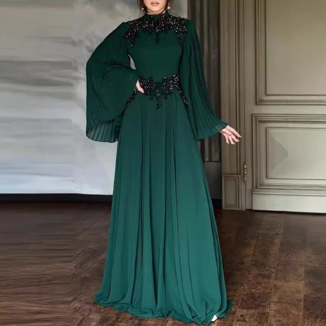 Beaded Lace Evening Gown | Pleated Sleeve Maxi Dress with Crystal Applique(MA346)