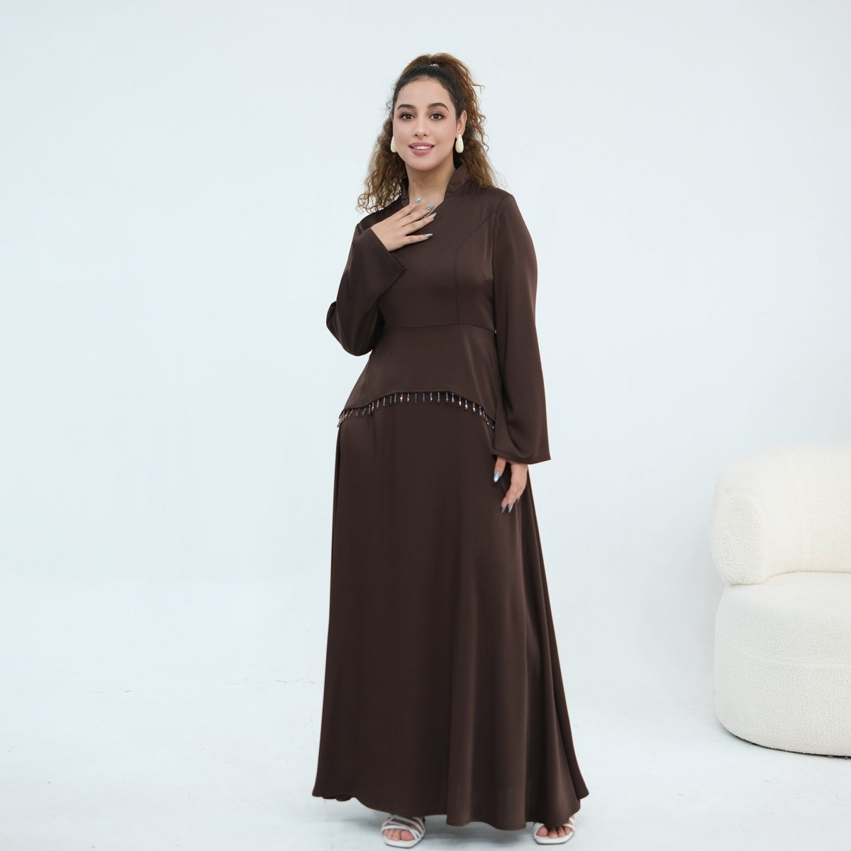 Beaded-Waist Corset-Back Flared-Sleeve Maxi Dress(MS476)