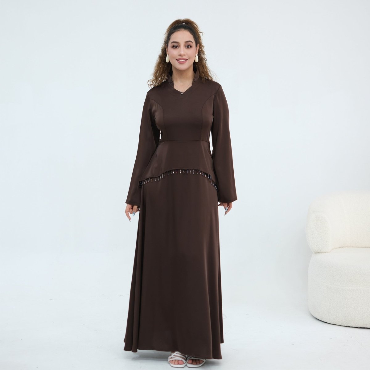 Beaded-Waist Corset-Back Flared-Sleeve Maxi Dress(MS476)