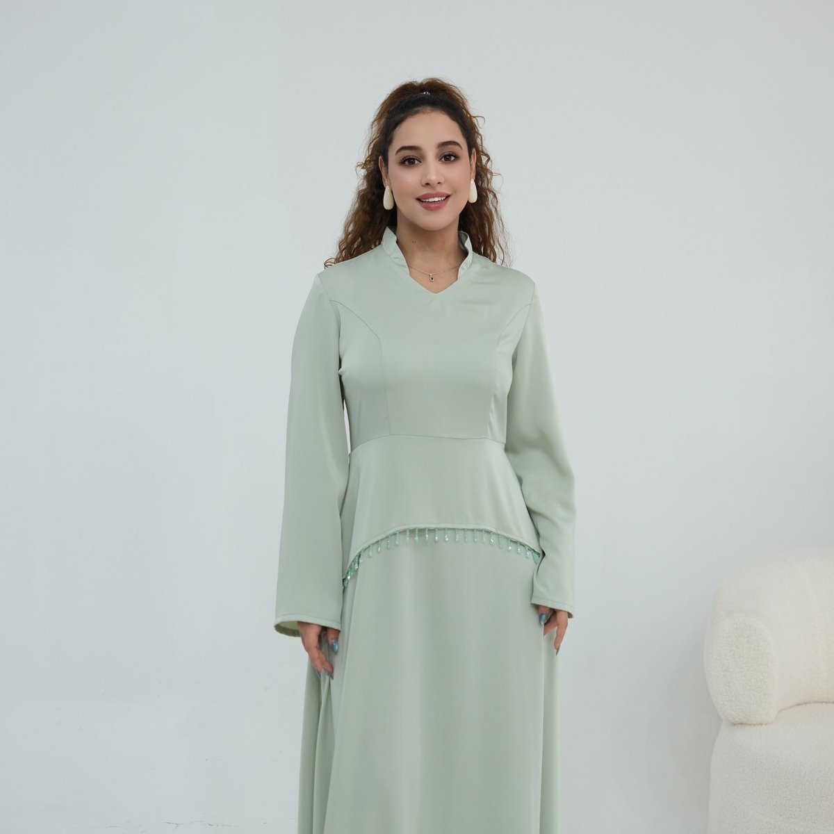 Beaded-Waist Corset-Back Flared-Sleeve Maxi Dress(MS476)