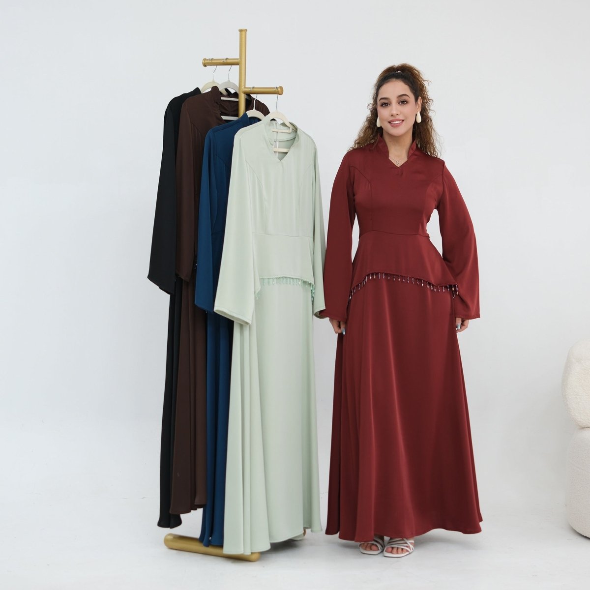 Beaded-Waist Corset-Back Flared-Sleeve Maxi Dress(MS476)