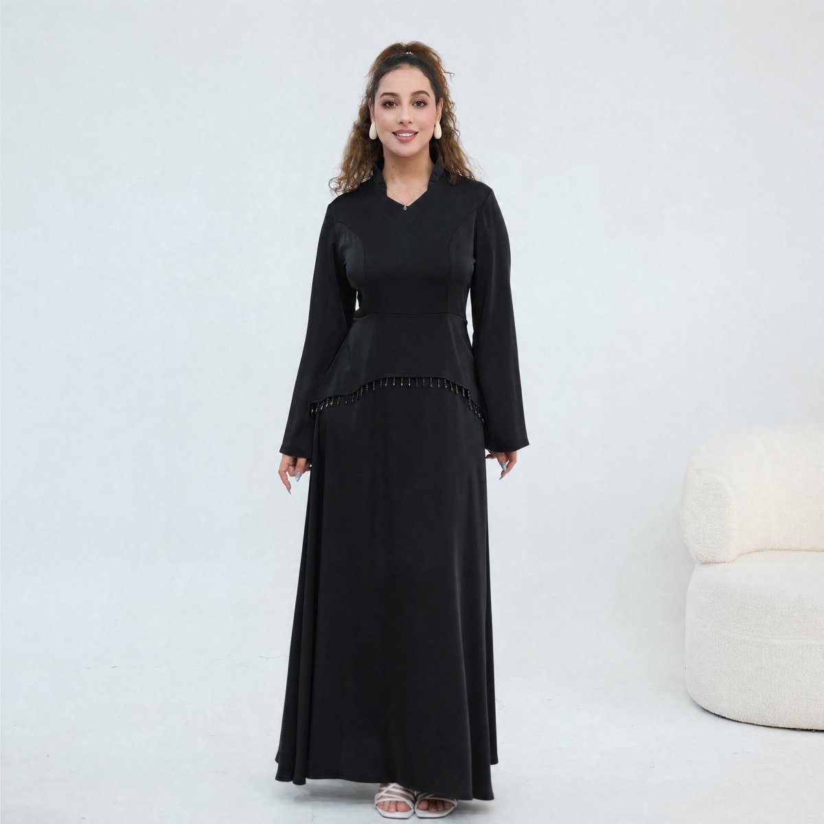 Beaded-Waist Corset-Back Flared-Sleeve Maxi Dress(MS476)