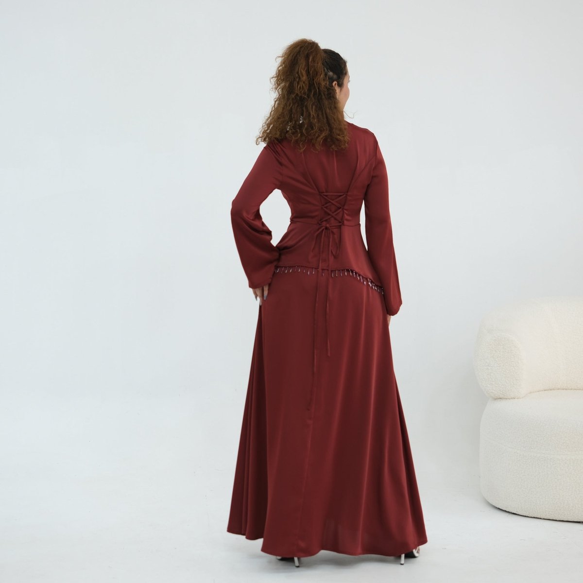 Beaded-Waist Corset-Back Flared-Sleeve Maxi Dress(MS476)