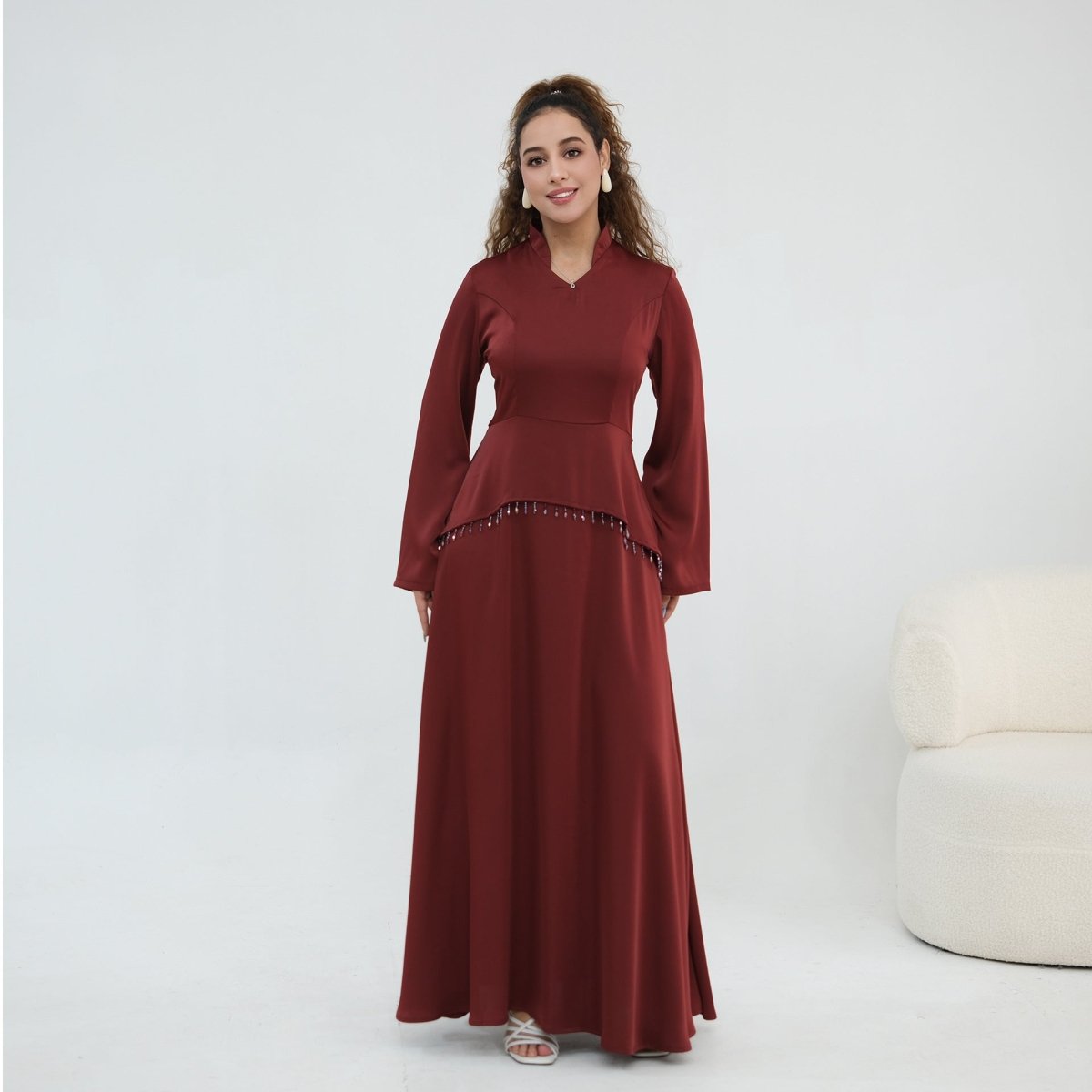 Beaded-Waist Corset-Back Flared-Sleeve Maxi Dress(MS476)