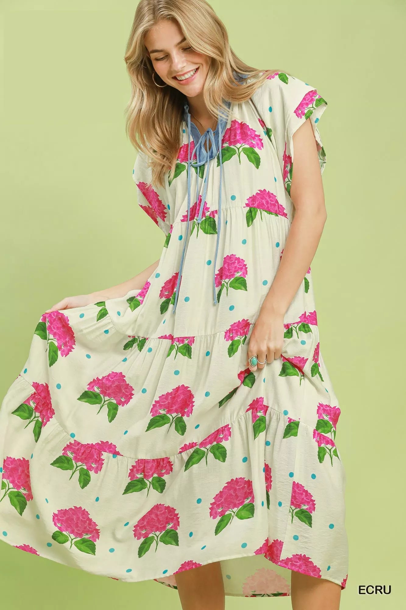 Umgee Hydrangea Print Tiered Midi Dress