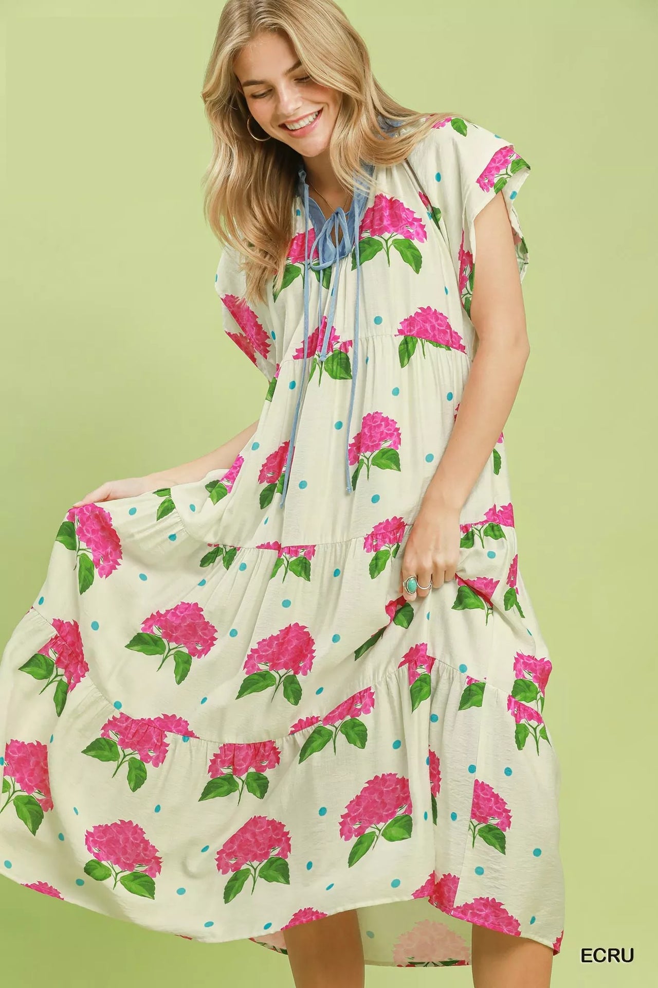 Umgee Hydrangea Print Tiered Midi Dress