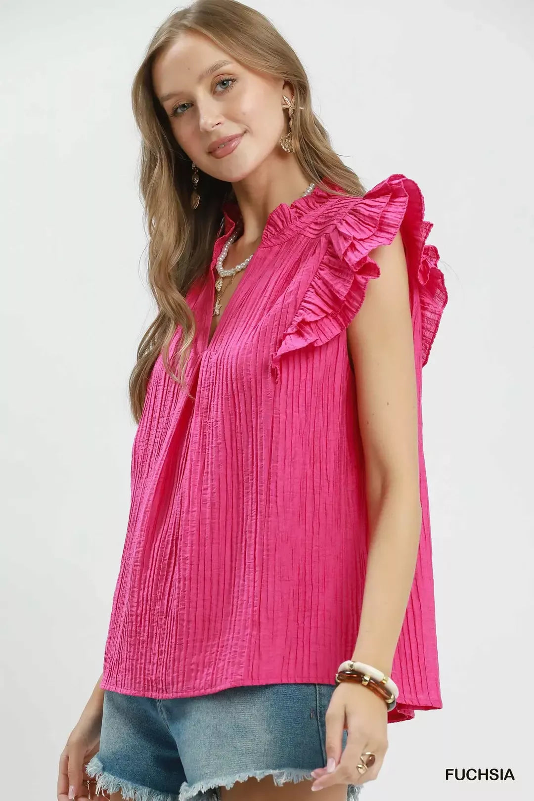 Umgee Textured Ruffle Sleeve Split V Neck Top