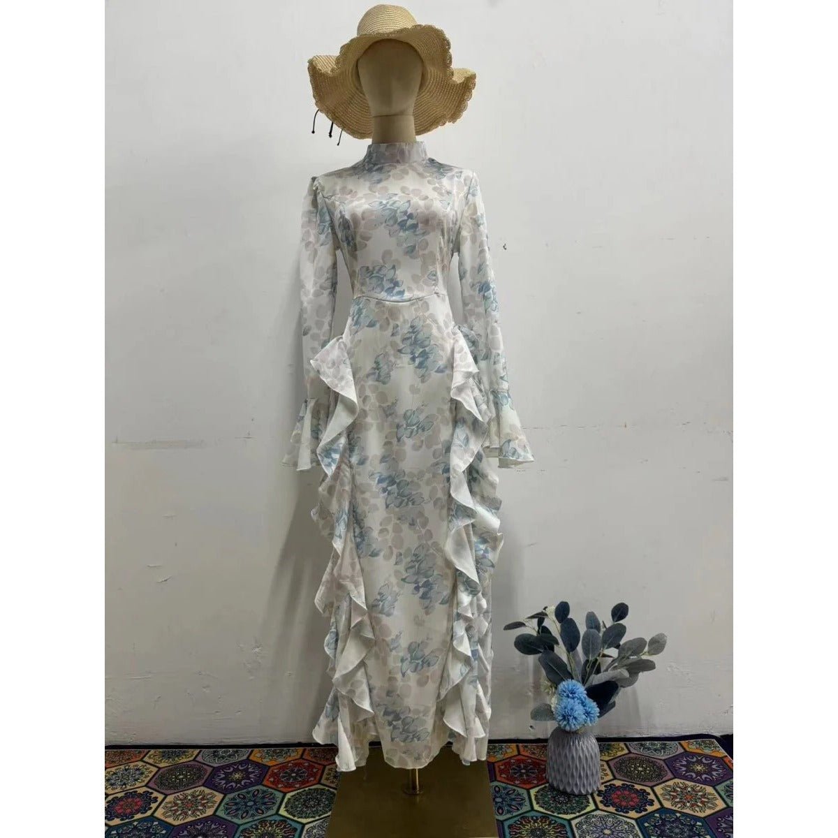 Bell Sleeve Floral Print Satin Lace-Up Back Long Sleeve Modest Abaya (MA165)