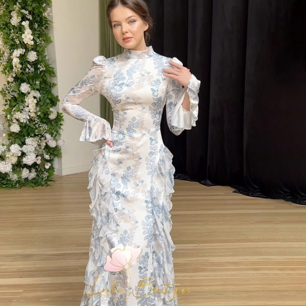 Bell Sleeve Floral Print Satin Lace-Up Back Long Sleeve Modest Abaya (MA165)