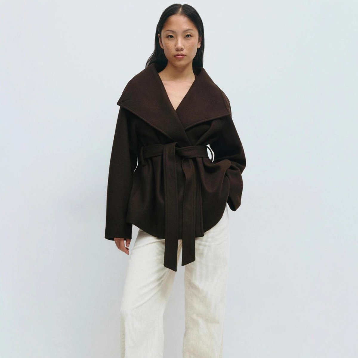 Belted Wrap Coat with Wide Collar | Double-Faced Wool Blend Jacket(MS254)