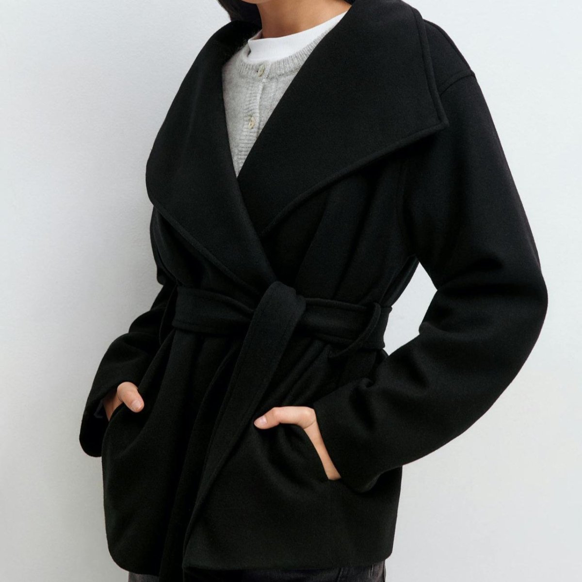 Belted Wrap Coat with Wide Collar | Double-Faced Wool Blend Jacket(MS254)