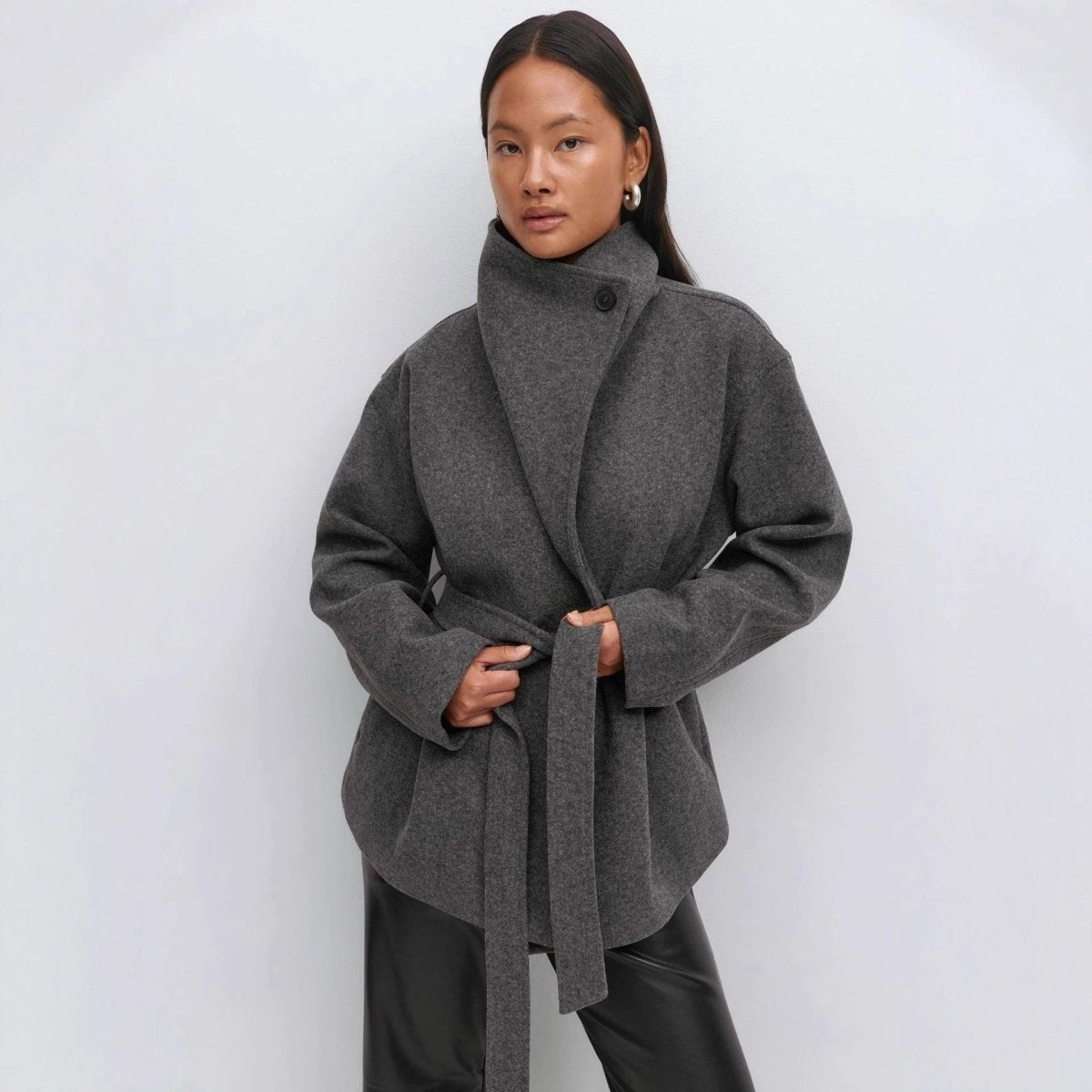 Belted Wrap Coat with Wide Collar | Double-Faced Wool Blend Jacket(MS254)