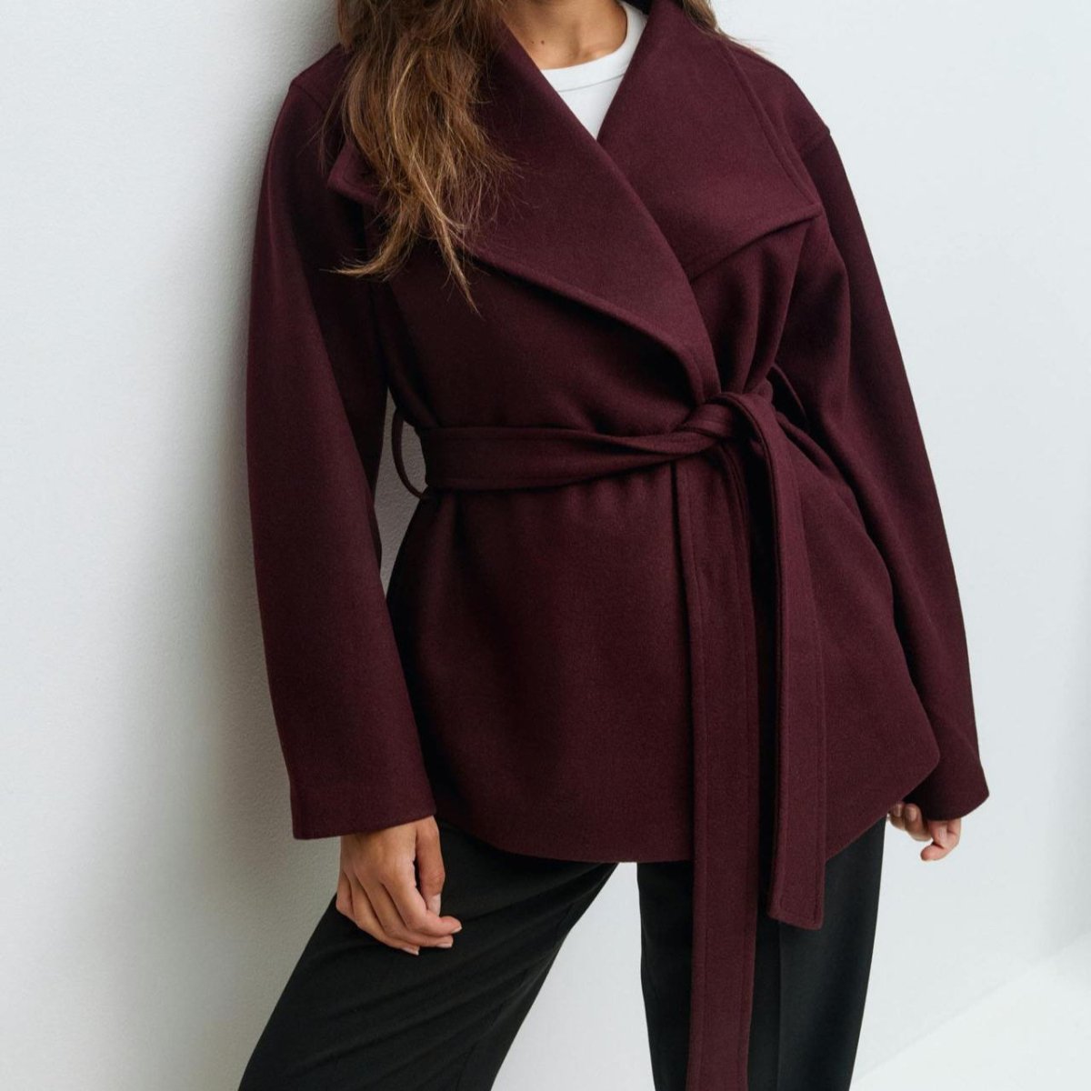 Belted Wrap Coat with Wide Collar | Double-Faced Wool Blend Jacket(MS254)