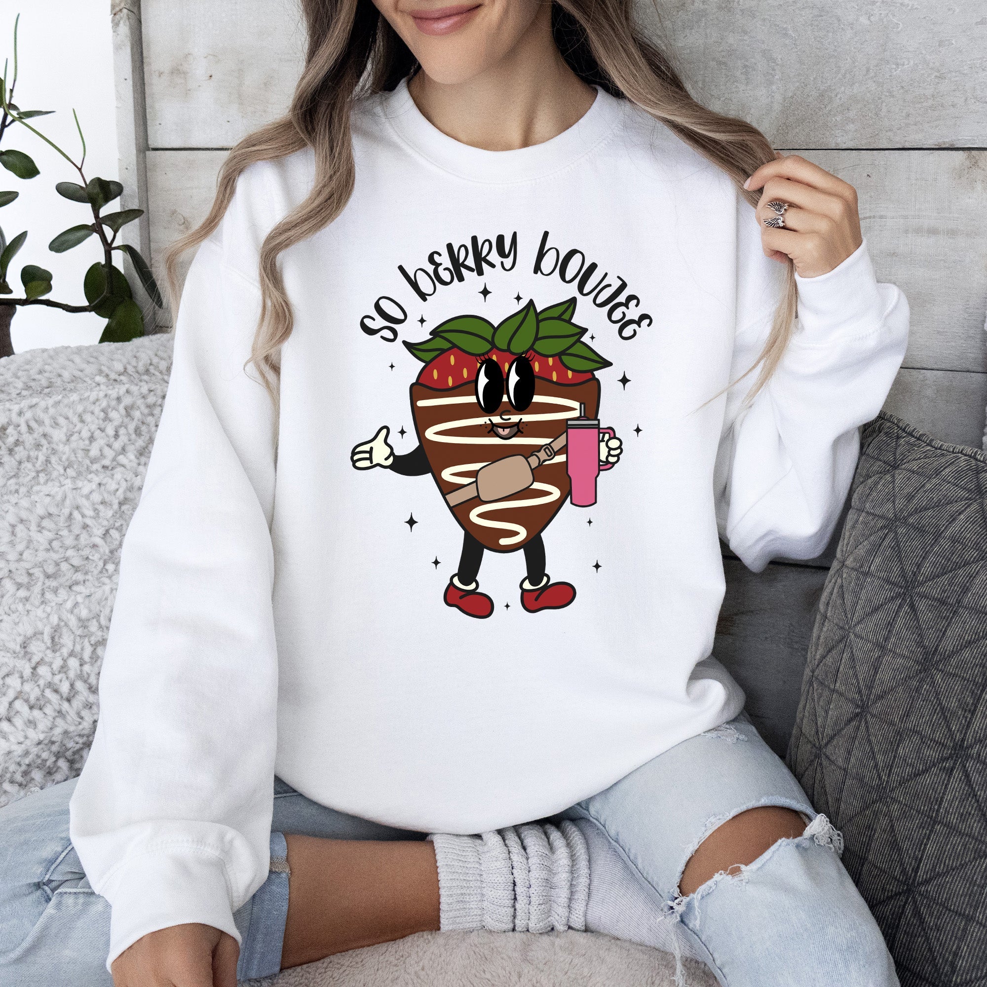 So Berry Boujee Chocolate Strawberry Bougie Print Cozy Luxe Weekend Wear Sweatshirt