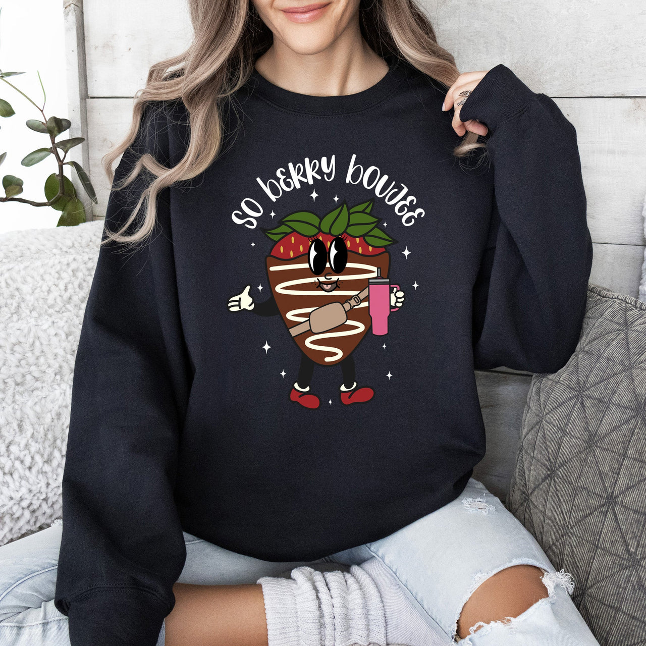 So Berry Boujee Chocolate Strawberry Bougie Print Cozy Luxe Weekend Wear Sweatshirt