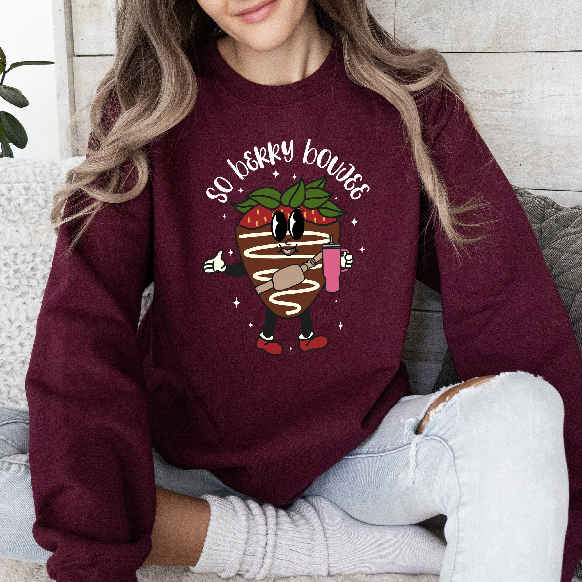 So Berry Boujee Chocolate Strawberry Bougie Print Cozy Luxe Weekend Wear Sweatshirt