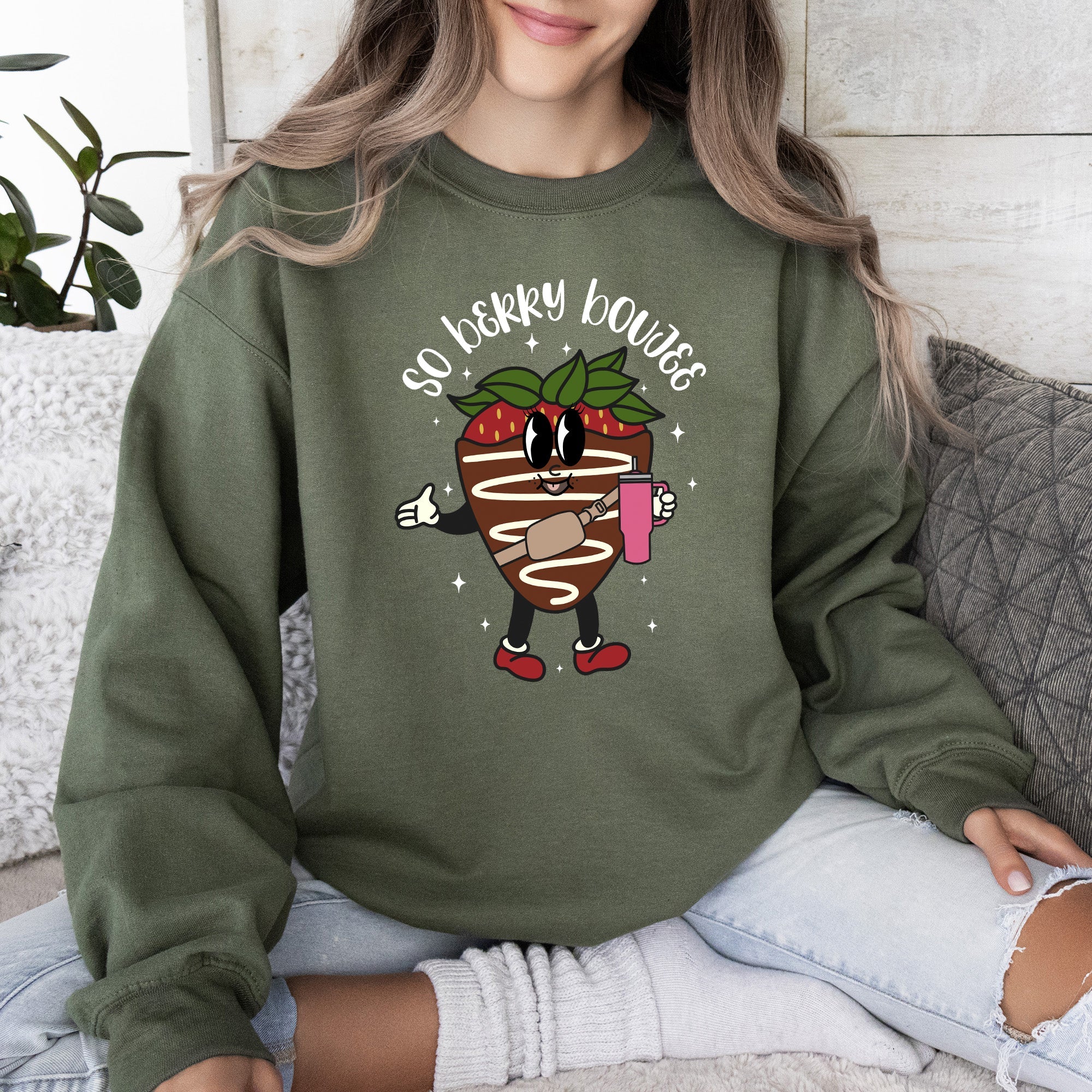 So Berry Boujee Chocolate Strawberry Bougie Print Cozy Luxe Weekend Wear Sweatshirt