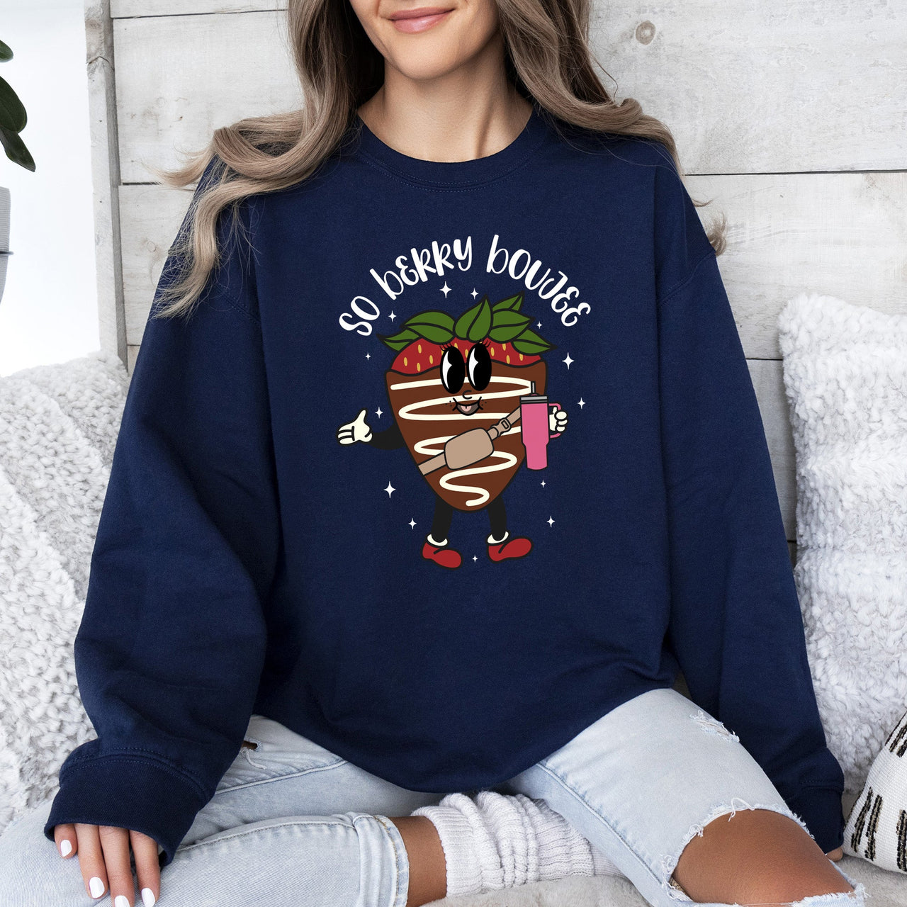 So Berry Boujee Chocolate Strawberry Bougie Print Cozy Luxe Weekend Wear Sweatshirt