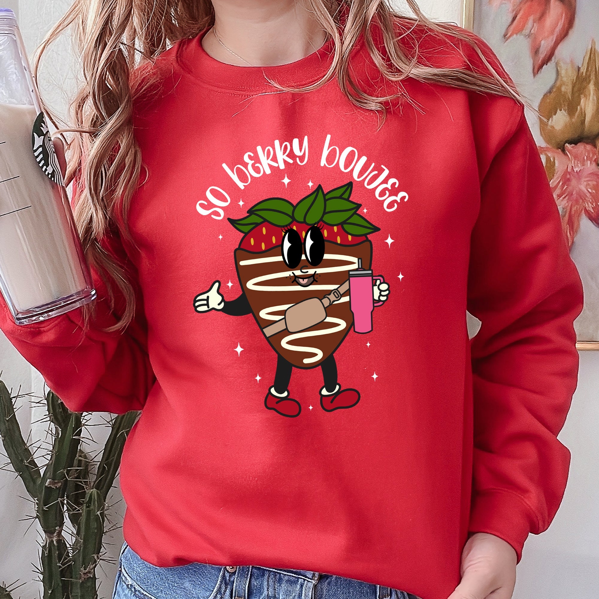 So Berry Boujee Chocolate Strawberry Bougie Print Cozy Luxe Weekend Wear Sweatshirt