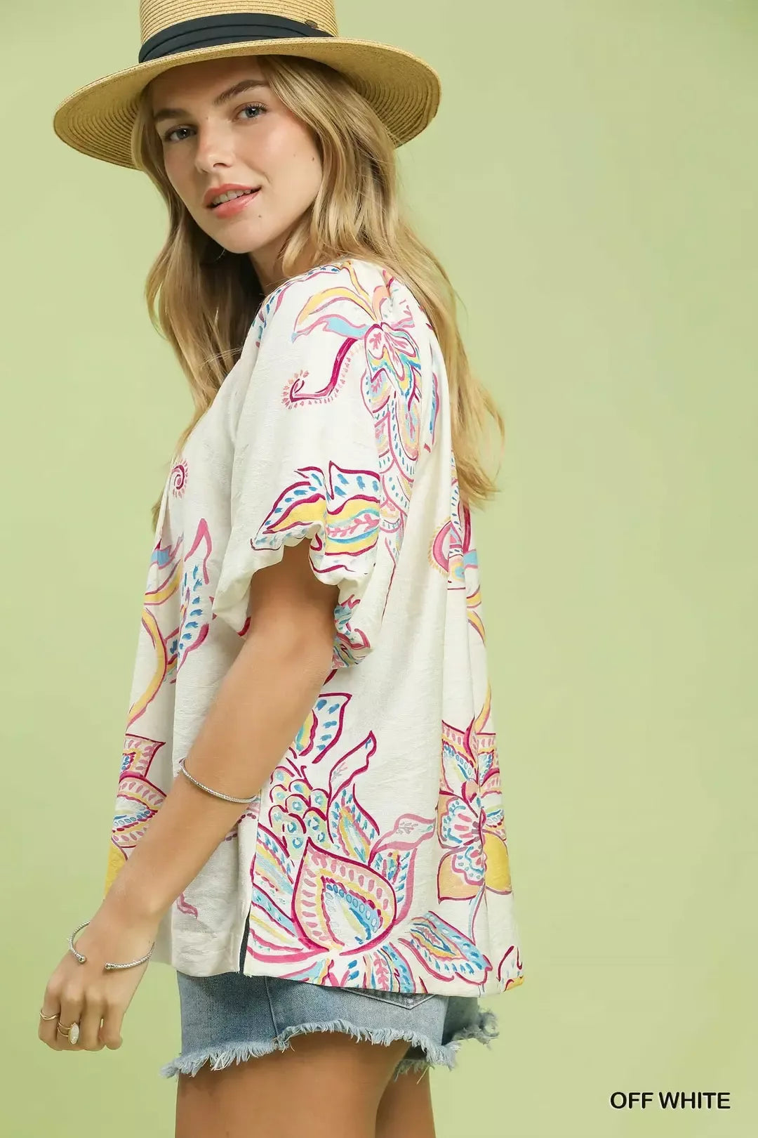 Umgee Paisley Print Puff Sleeve Top