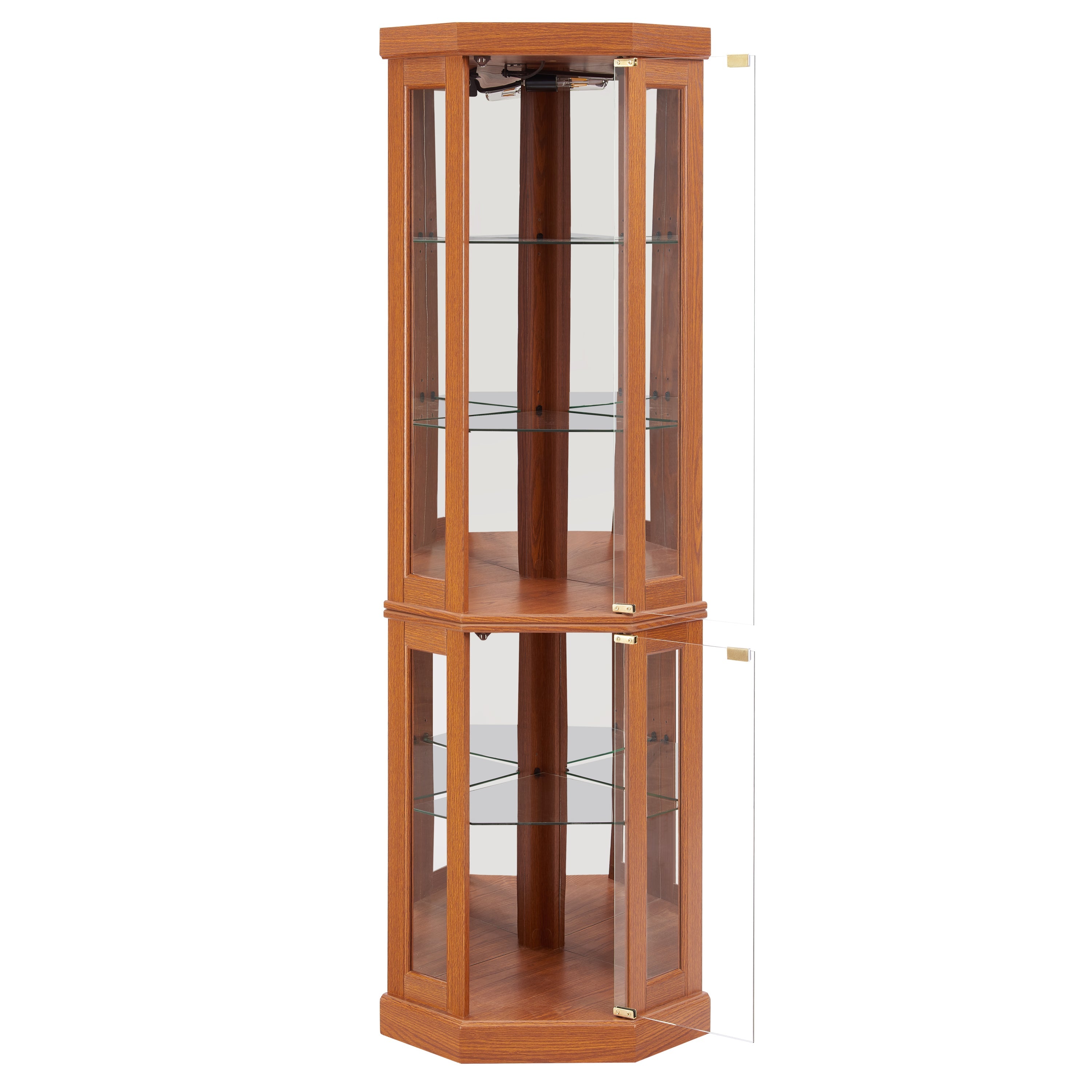 Corner Glass Cabinet Lighted Curio Cabinet Corner Display Case for Living Room, Curio Cabinet, Antique collection, Wine,Bar Glass Storage Light Included, Dark oak