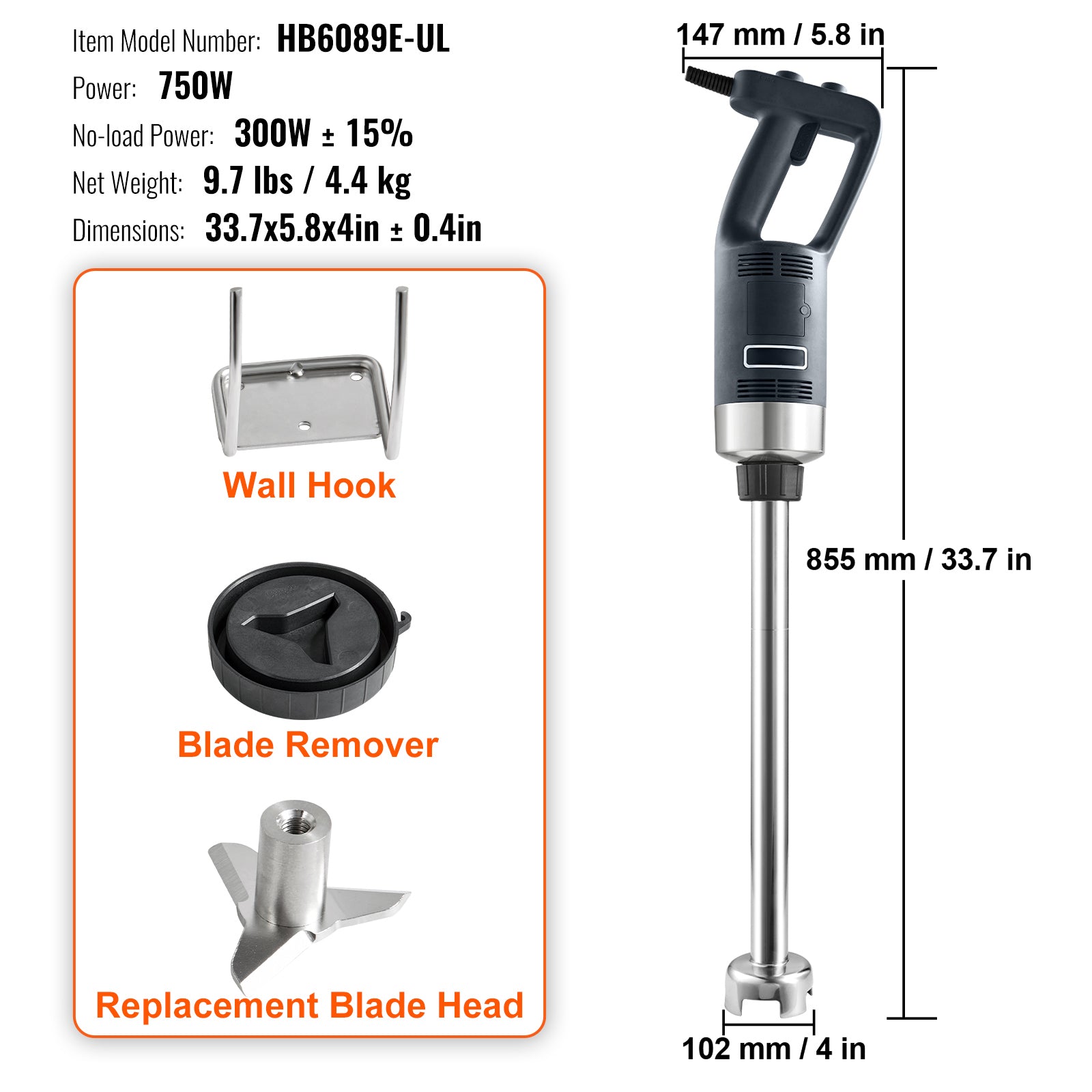 Commercial Immersion Blender, 750W 20' Heavy Duty Hand Mixer, Variable Speed Kitchen Stick Mixer with 304 Stainless Steel Blade, Multi-Purpose Portable Mixer for Soup, Smoothie, Puree, Baby Food