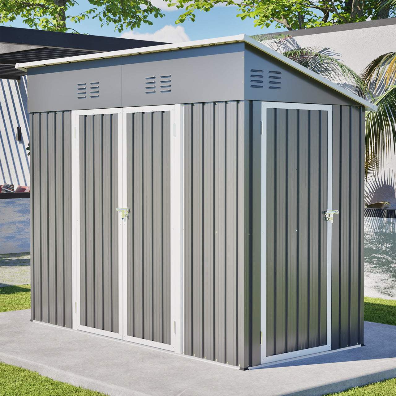 4x8 Slope-Roof Reinforced Storage Shed with Weatherproof Sloping Roof & 4 Air Vents, Heavy-Duty Sturdy Metal Frame, Left/Right Optional Door, Outdoor Tool Shed Warehouse for Garden Storage Pet House