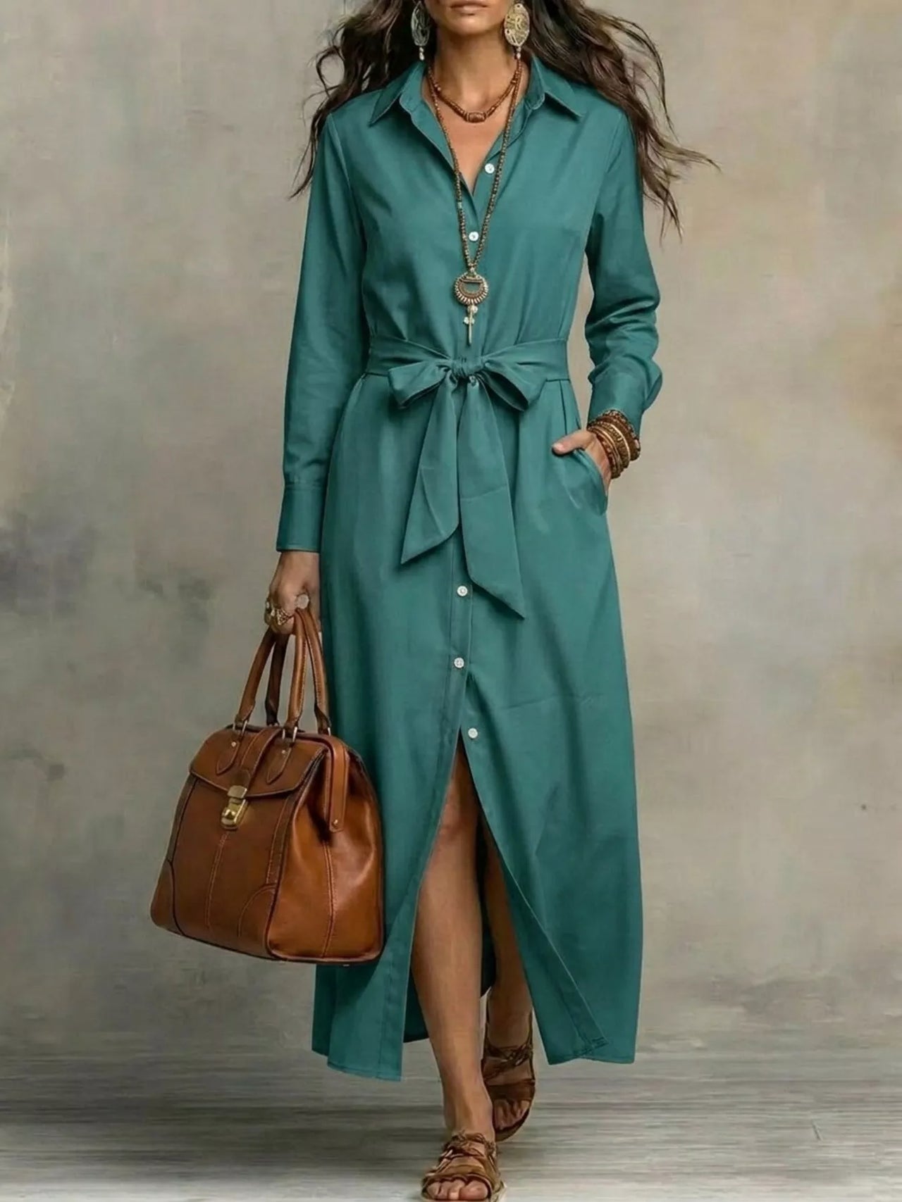 Full Size Tie Waist Long Sleeve Shirt Dress Plus Size