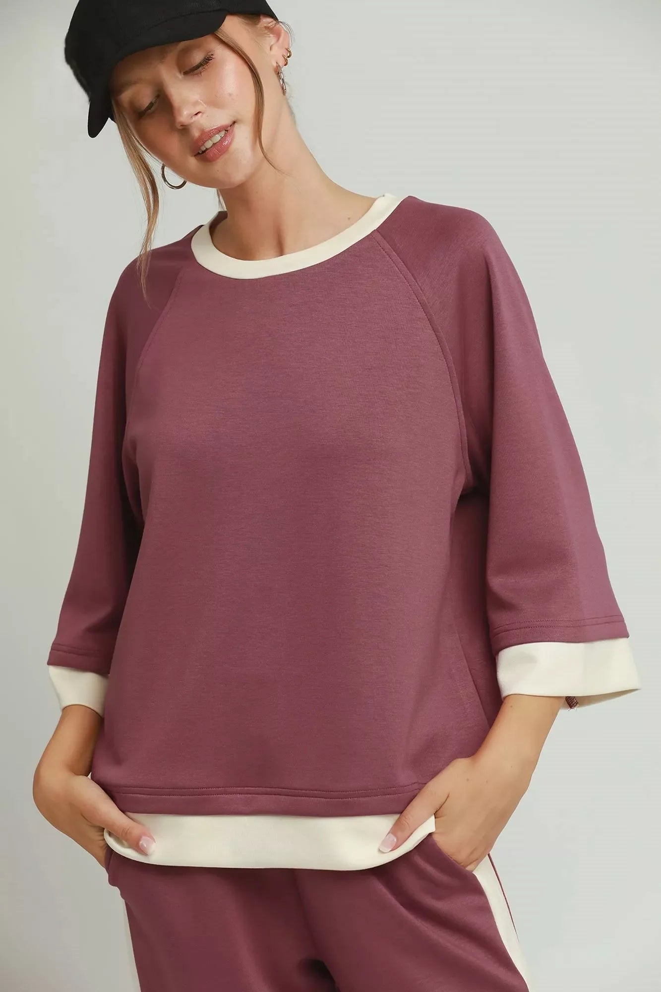 Umgee Colorblock Crewneck Raglan Sleeve Top