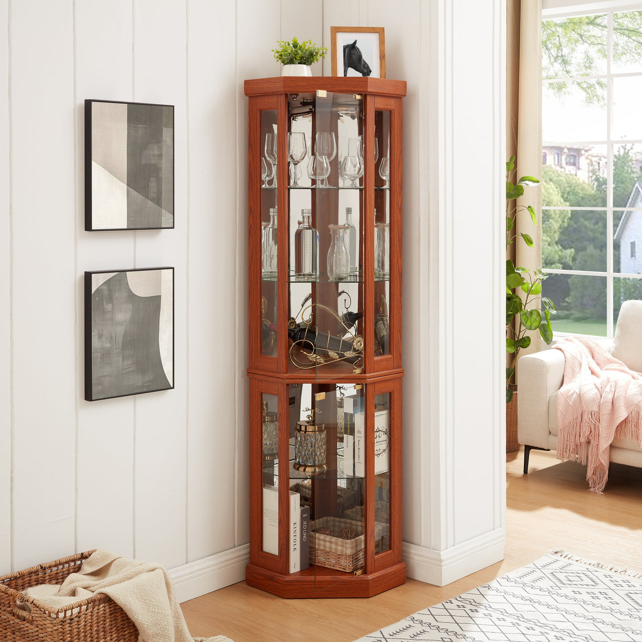 Corner Glass Cabinet Lighted Curio Cabinet Corner Display Case for Living Room, Curio Cabinet, Antique collection, Wine,Bar Glass Storage Light Included, Dark oak