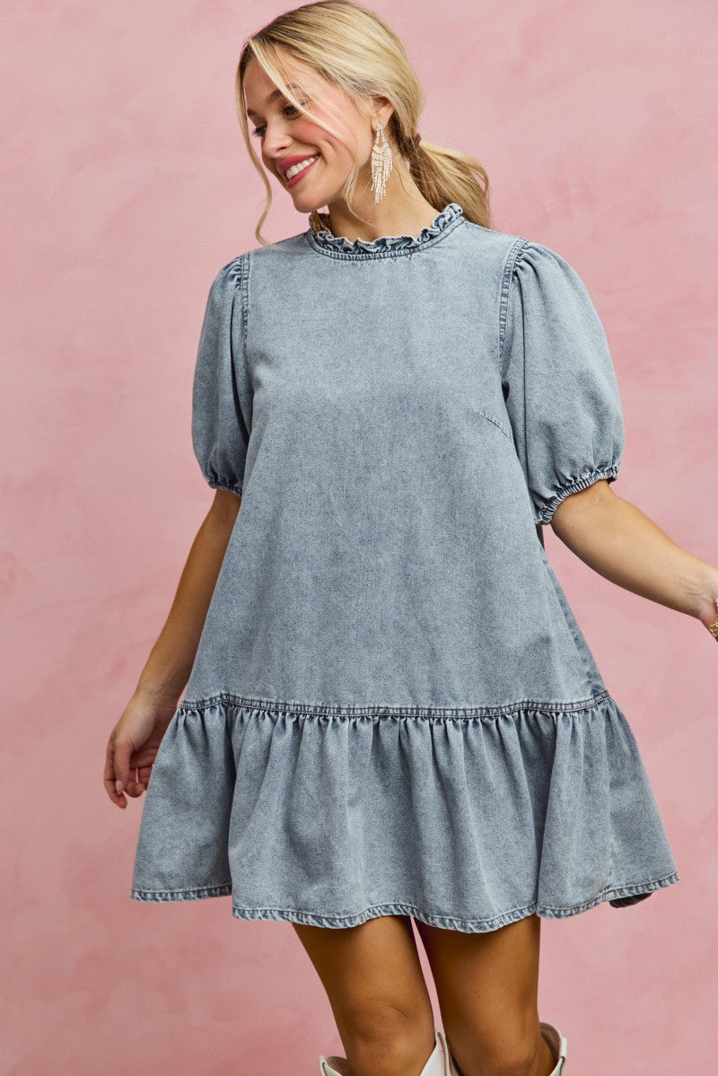 SO ME Denim Short Sleeves Mini Tiered Dress