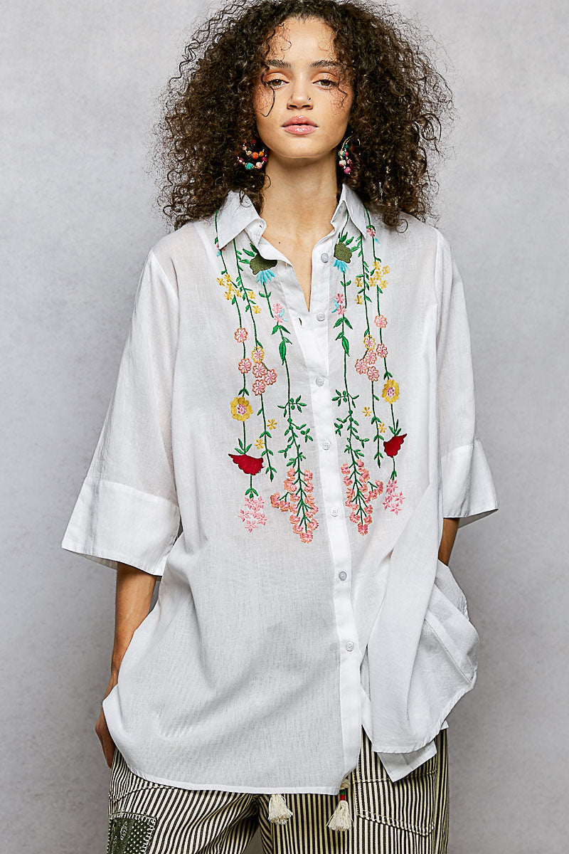 POL Floral Embroidered Half Sleeve Cotton Shirt