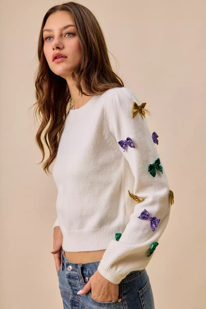 SO ME Mardi Gras Glitter Bow Ribbon Sweater Knit Top