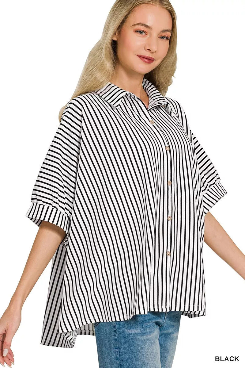 Zenana Oversized Stripe Button Down Shirt