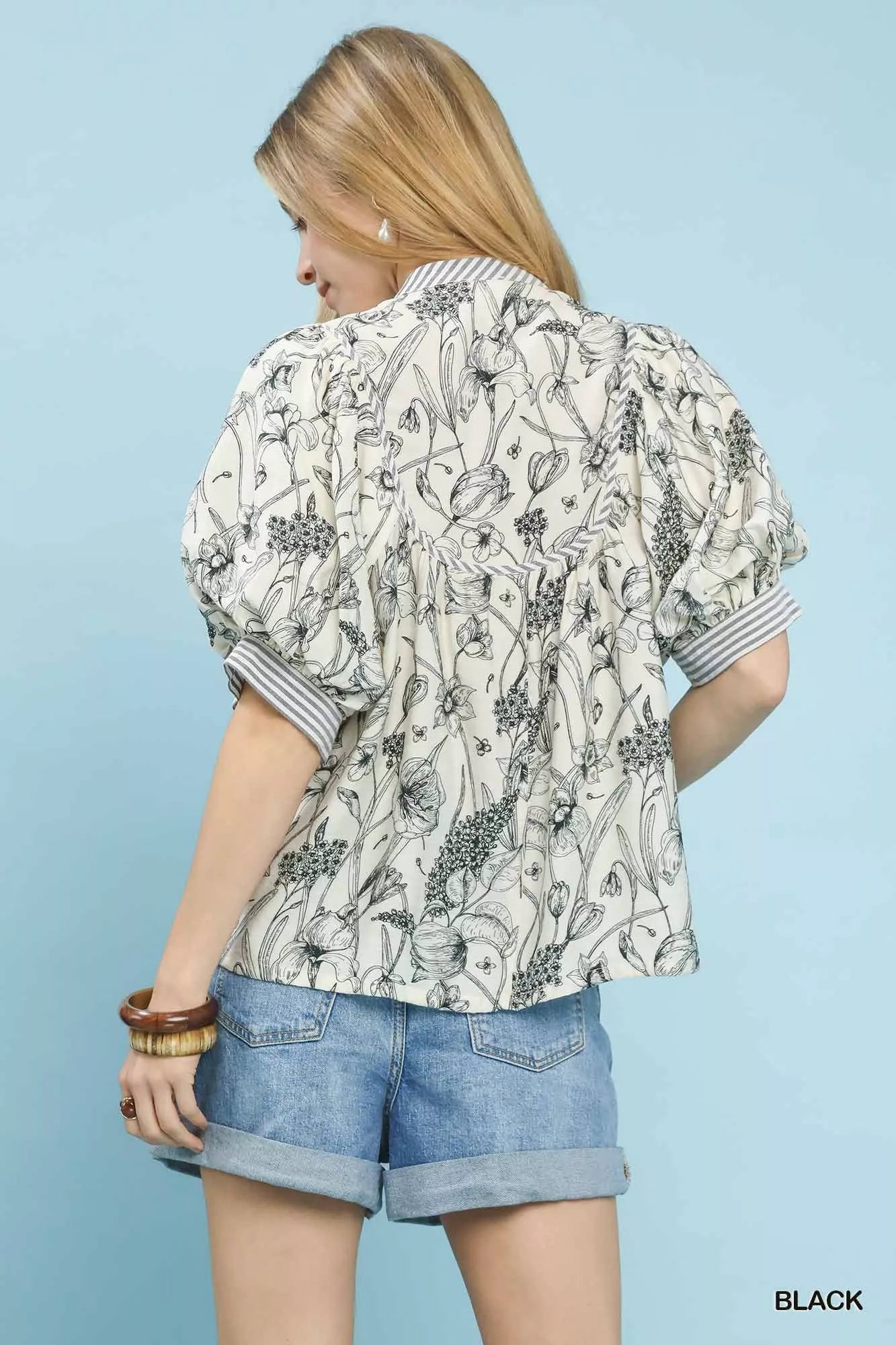 Umgee Mixed Print Puff Sleeve Split Neck Top