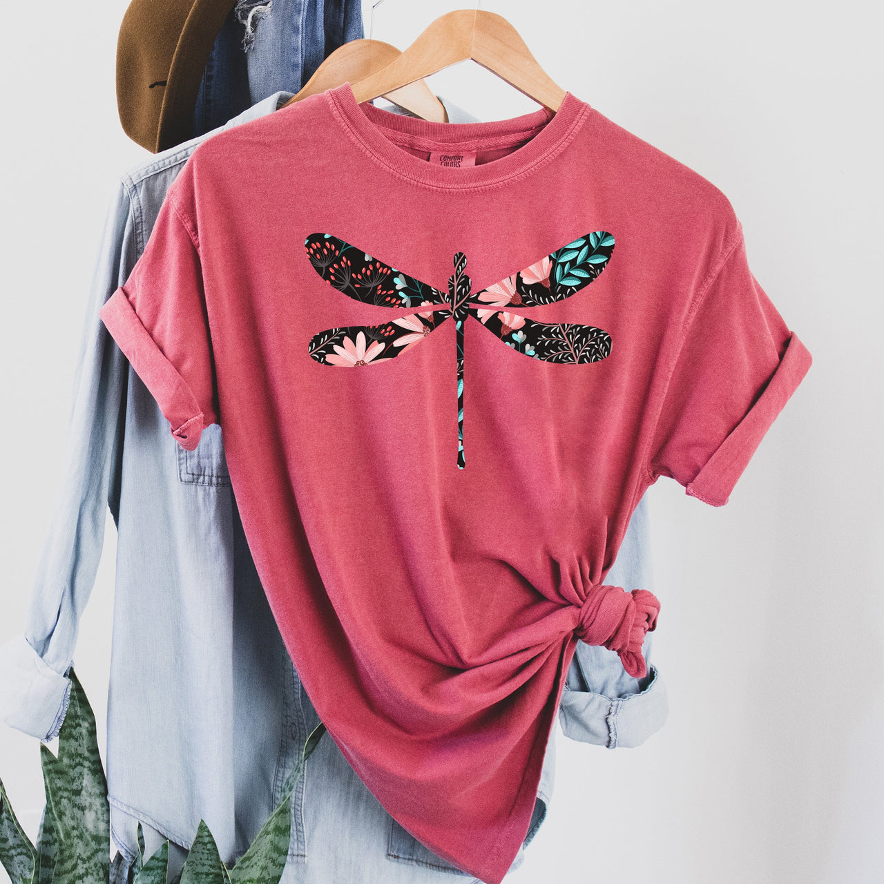 Floral Print Dragonfly Artful Floral Wing Motif Garden Breeze Botanical Accent Comfort Colors Tee