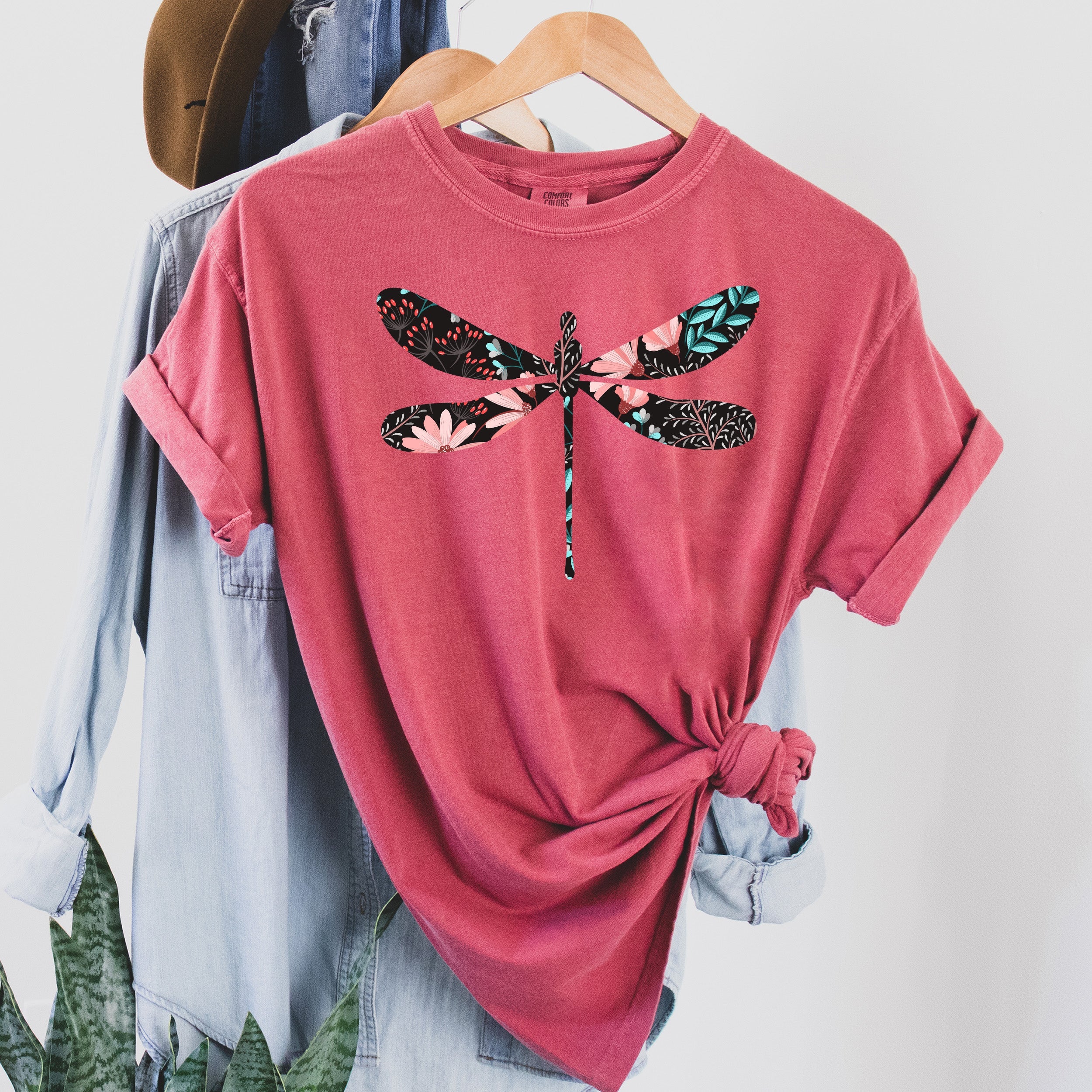 Floral Print Dragonfly Artful Floral Wing Motif Garden Breeze Botanical Accent Comfort Colors Tee