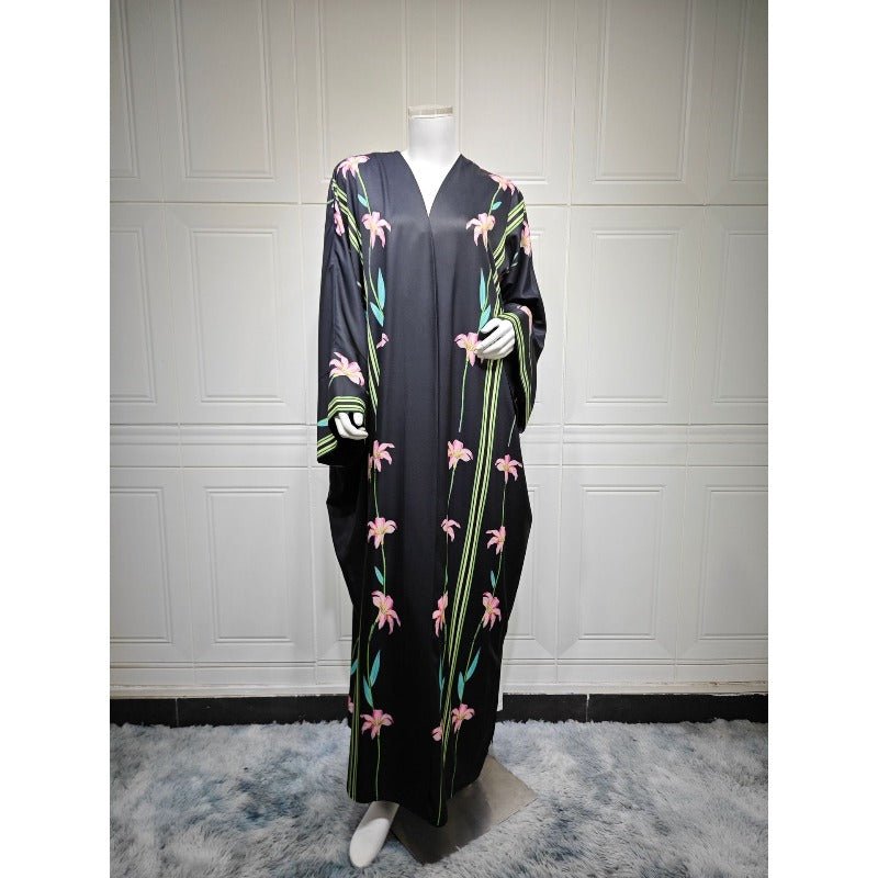 Black Floral Print Abaya Set | Lightweight Breathable Cardigan with Matching Hijab(MOA230)