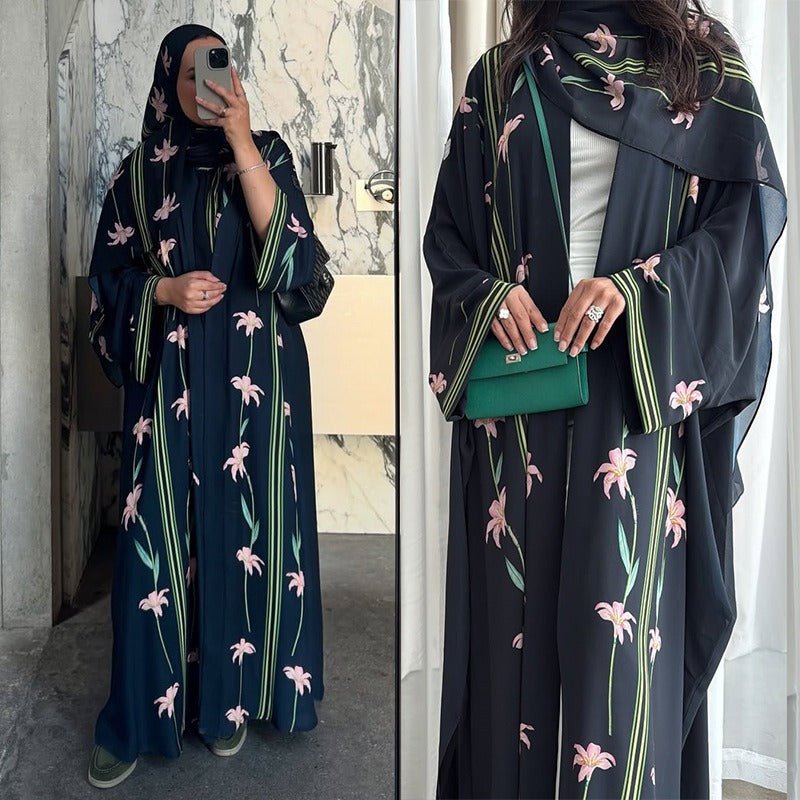 Black Floral Print Abaya Set | Lightweight Breathable Cardigan with Matching Hijab(MOA230)
