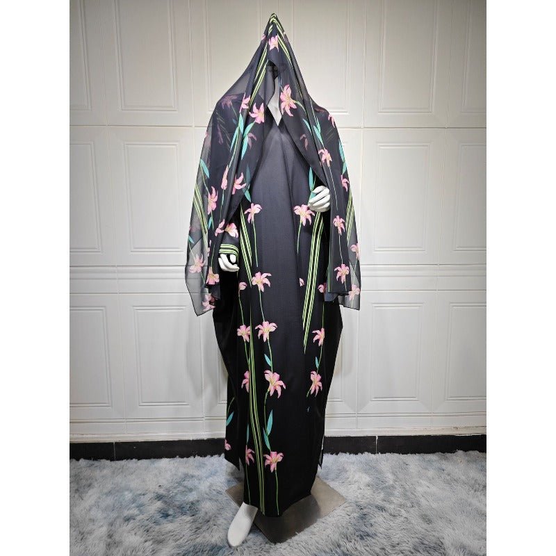 Black Floral Print Abaya Set | Lightweight Breathable Cardigan with Matching Hijab(MOA230)